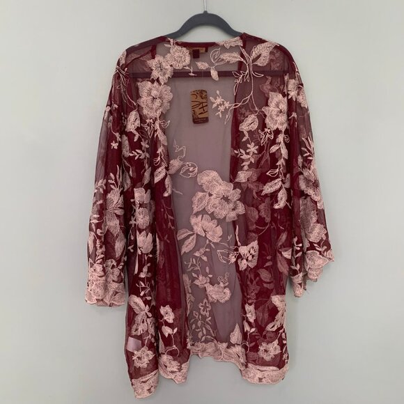NEW Suzanne Betro floral lace elbow sleeve flowy sheer tunic cardigan kimono - Picture 6 of 9